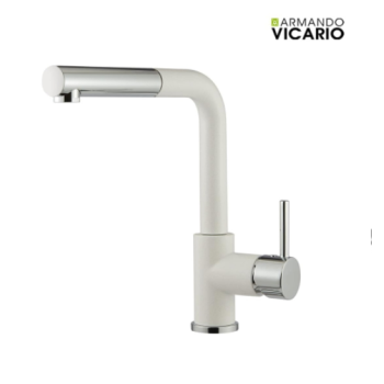 Armando Vicario Fluo 18580 Granite Superwhite ψηλή Μπαταρία Κουζίνας Με αποσπώμενο Περιστρεφόμενο Ρουξούνι και Συρόμενο Ντους