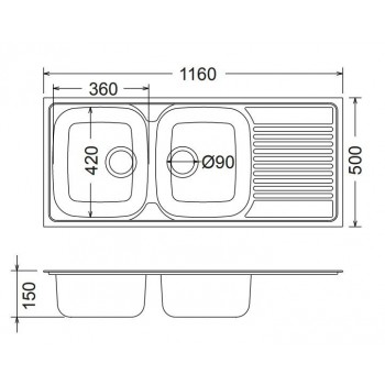 Fortinox Valley 25210 Ανοξείδωτος Λείος Ένθετος Νεροχύτης Αντιστρεφόμενος Με 2 Γούρνες και Ποδιά 116x50 cm